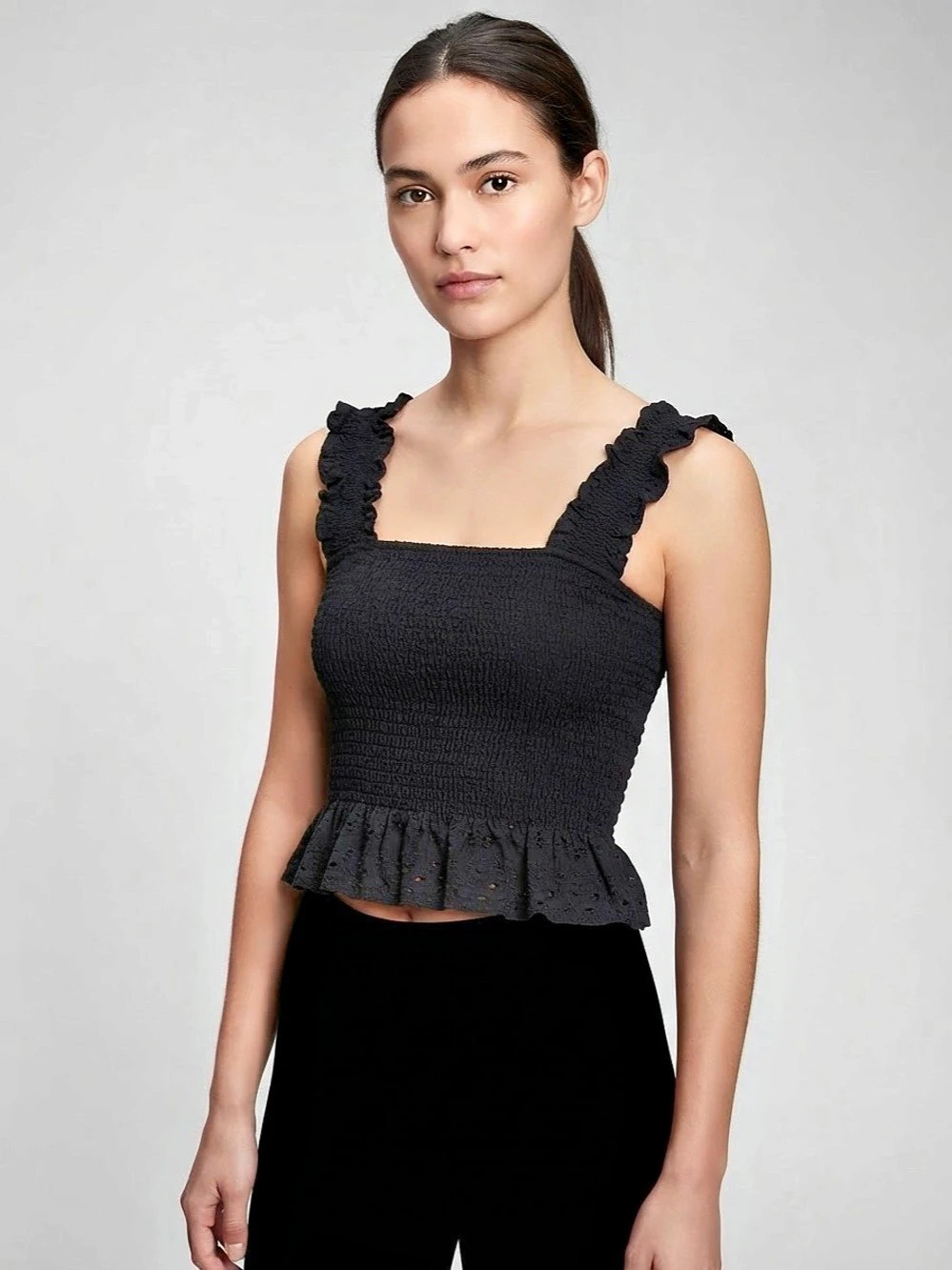 Lucy Paris Smocked Ruffle Crop Top in Black Size Medium